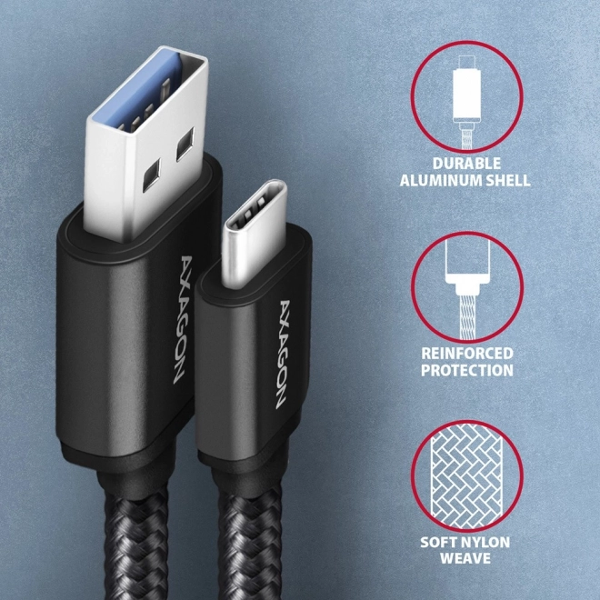 Usb-c - usb-a 3.2 gen 1 adat- és töltőkábel, 1m, 3a, fekete nylon fonott