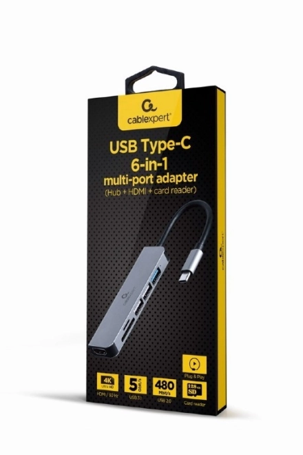 Többportos USB-C adapter 6 az 1-ben, HDMI, USB 3.1, USB 2.0, kártyaolvasó