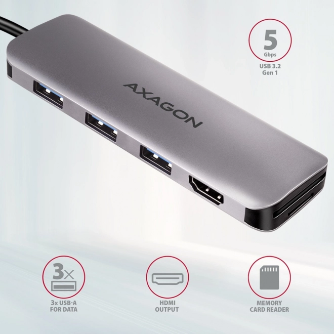 Axagon 5 az 1-ben többportos USB hub HDMI-vel és kártyaolvasóval