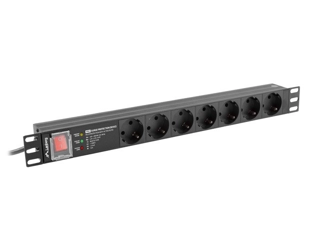 Fekete 1U 19 colos rack hálózati elosztó PDU PRO - 16A 7x Schuko 2m