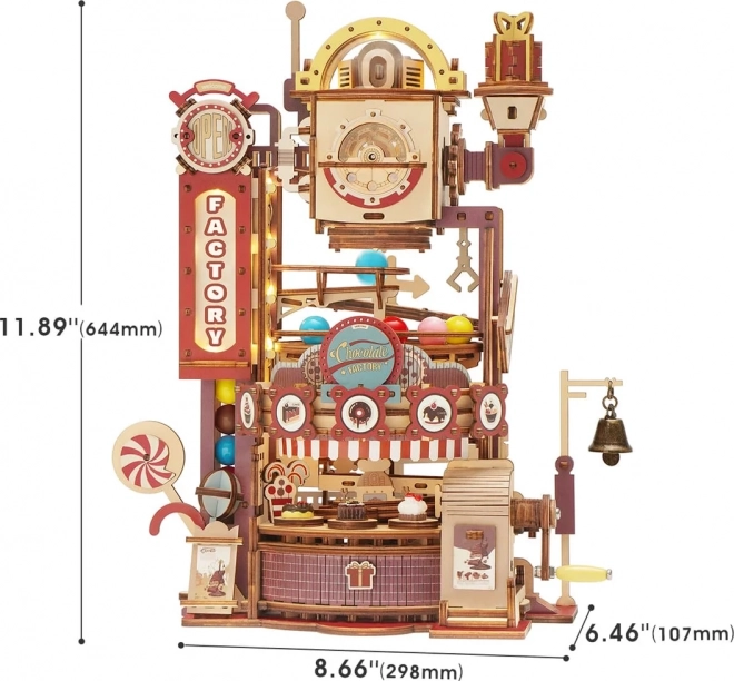 Robotime rokr 3D fa puzzle golyópálya: Csokoládégyár LED fényekkel 420 darabos