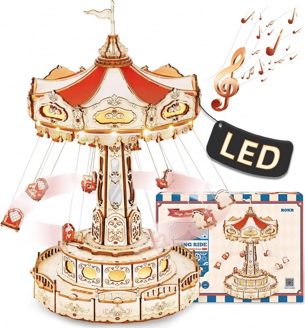 Rokr világító 3D fa puzzle zenélő doboz: Láncos körhinta