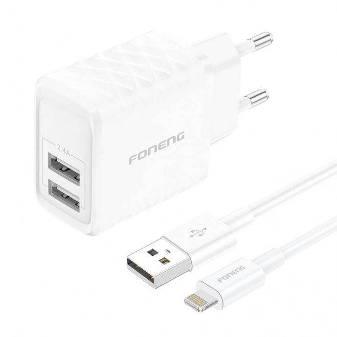 Foneng hálózati töltő 2xUSB-A 2.4A fehér + Lightning kábel