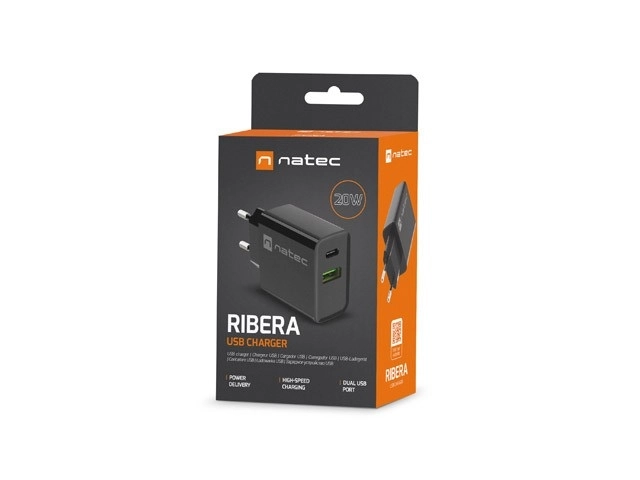 Natec hálózati töltő 1x USB-A + 1x USB-C 20W fekete