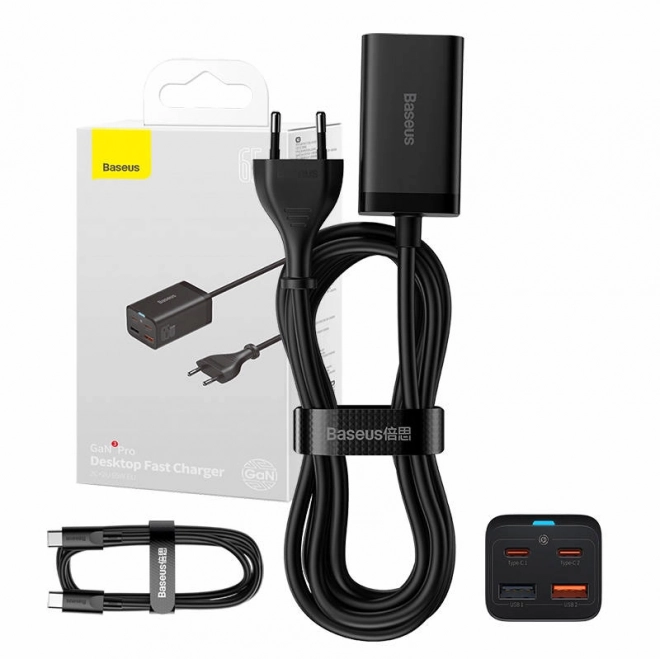 gyors töltő Baseus GaN3 Pro, 2x USB-C, 2x USB, 65W fekete