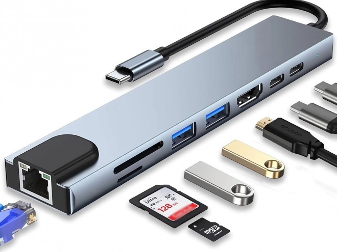 Multifunkcionális USB-C Hub Adapter 8 az 1-ben HDMI-vel és Ethernettel