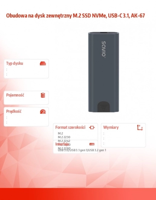 Külső M.2 SSD NVMe ház, USB-C 3.1