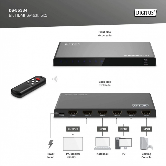 Digitus 8K HDMI átkapcsoló 5x1 távirányítóval