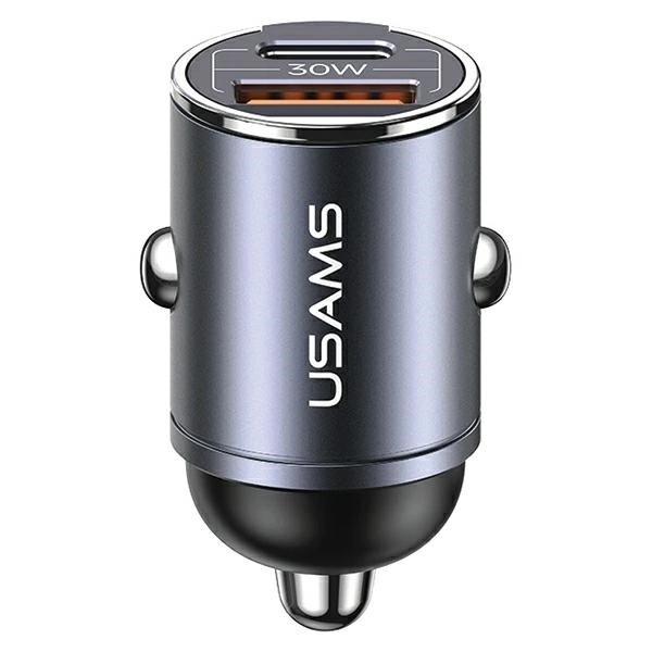 Autós töltő 30W 1xUSB+1xUSB-C gyors töltés acél