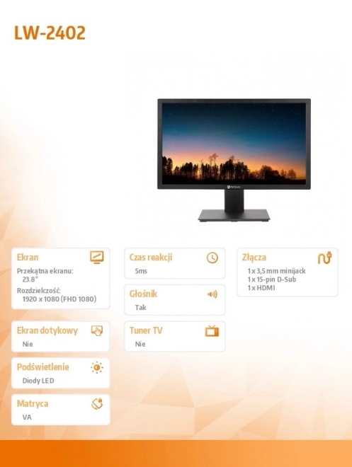 Fekete 24 hüvelykes monitor HDMI és VGA csatlakozókkal