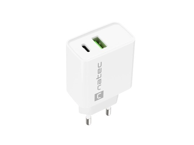 Fehér USB-A és USB-C hálózati töltő Natec Ribera 20W