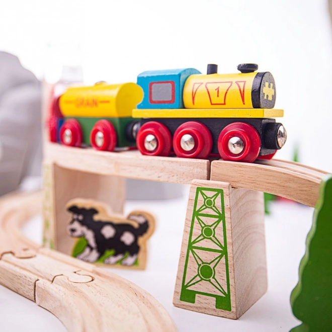 Bigjigs Rail Fa Vasútkészlet hegyi úttal 112 darabból