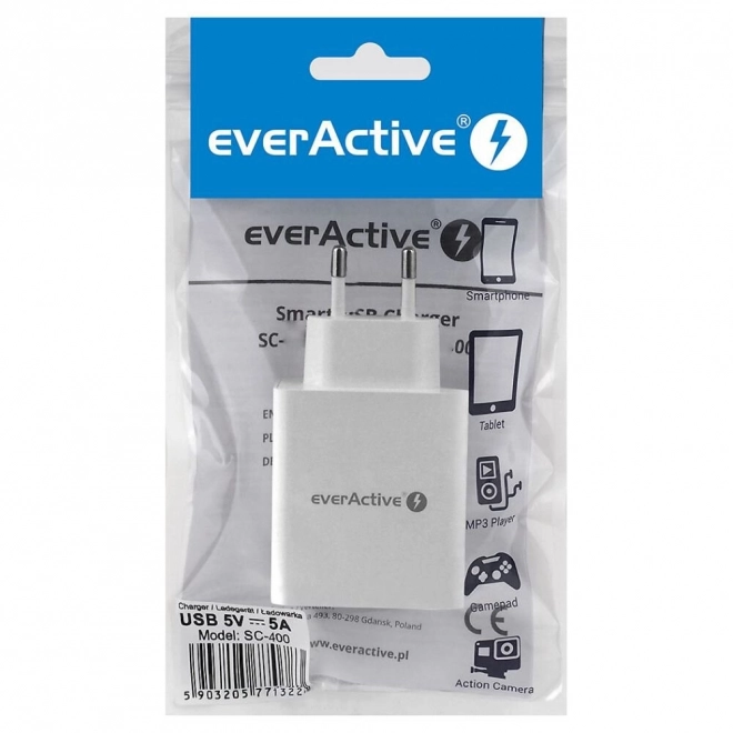 Fehér EverActive hálózati töltő 4x USB 5A iQ Smart Charging