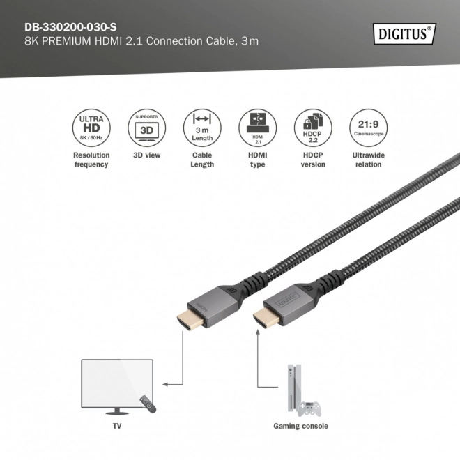 Prémium HDMI 2.1 Ultra HighSpeed 8K UHD csatlakozókábel 3m fekete