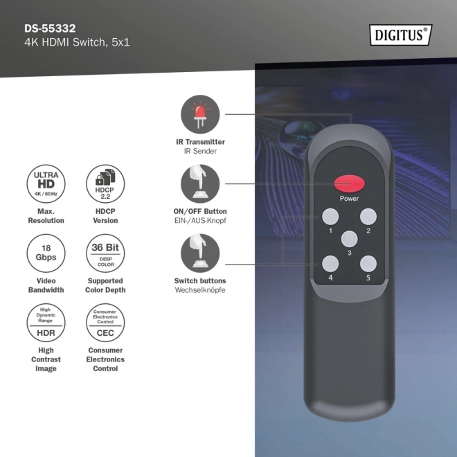 4K HDMI váltó 5x1, HDCP 2.3, távirányítóval, fekete