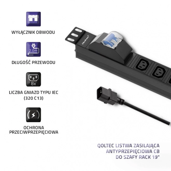 19 hüvelykes Rack tápcsík megszakítóval, 1U 10A PDU 8xIEC C13 2m