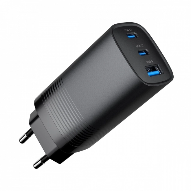 Fekete USB töltő 65W GaN technológiával, 1x USB-A és 2x USB-C porttal