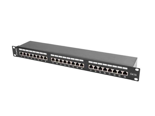 Patch panel 24 port RJ-45 fekete, árnyékolt, kategória 5e