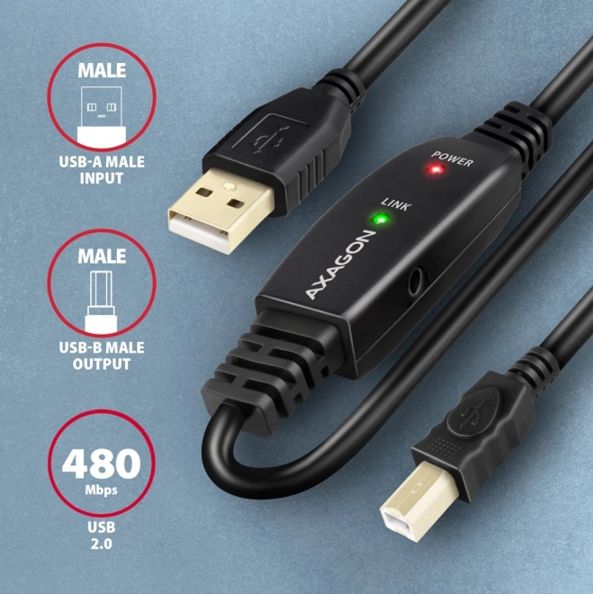 Axagon USB 2.0 aktív erősítő kábel 15m