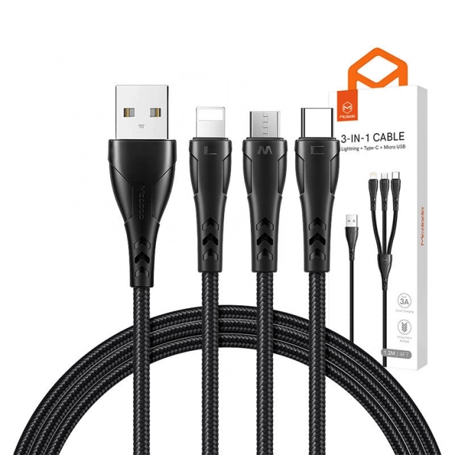 Univerzális 3 az 1-ben USB kábel USBC/Lightning/Micro USB fekete