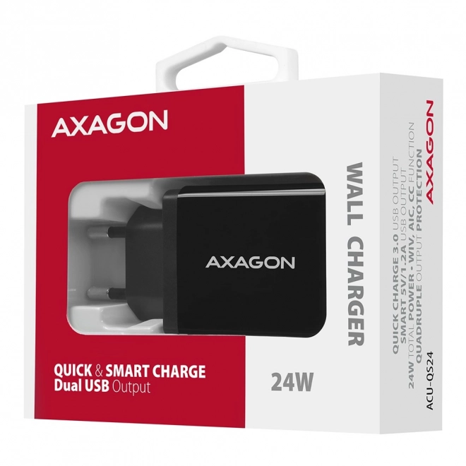 Axagon gyors töltő adapter QC 24W, 2 USB porttal