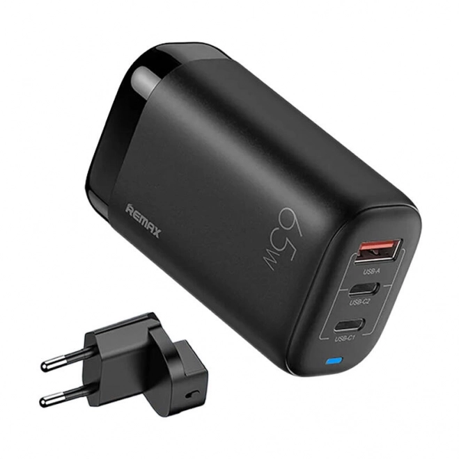 fali töltő remax két usb-c és egy usb porttal, 65w teljesítménnyel - fekete