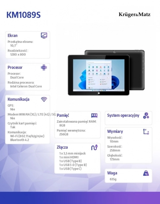 Tablet Krüger&Matz EDGE 1089 2 az 1-ben Windows 11-gyel