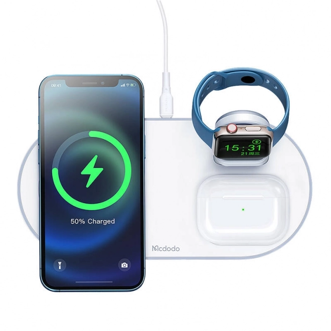 Vezeték nélküli töltő 3 az 1-ben 15W teljesítménnyel - mobil/TWS/Apple Watch fehér