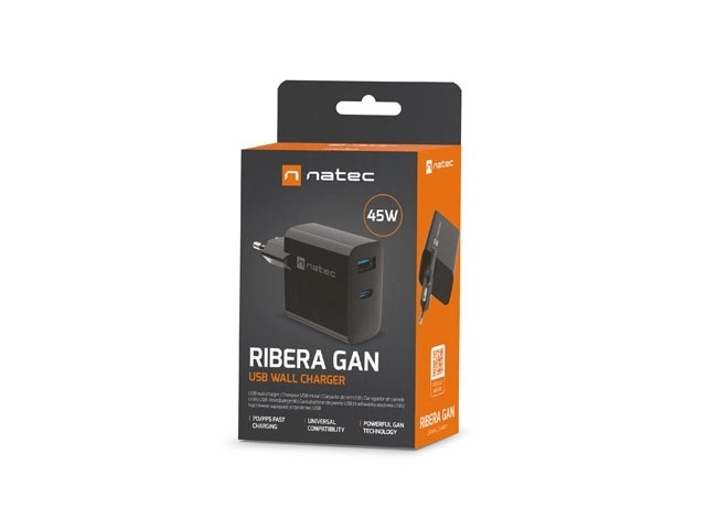 Hálózati töltő Natec Ribera GAN USB-A és USB-C 45W fekete