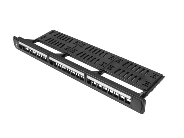 Üres patch panel 24 portos 1U 19 col fekete szervezővel keystone modulokhoz