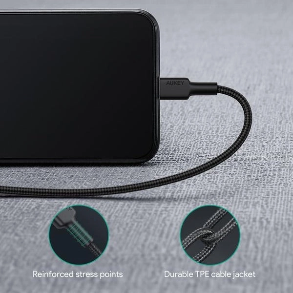 Aukey nylon Lightning-USB C kábel fekete 1,2m Apple MFi tanúsítvánnyal