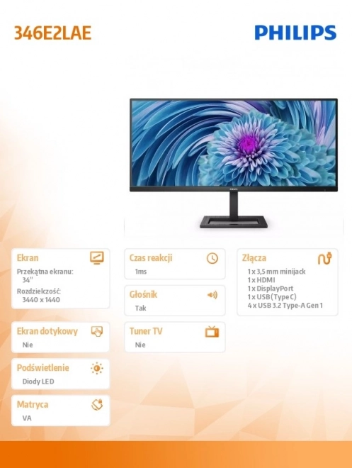34 hüvelykes VA monitor HDMI, DP, USB-C, hangszórókkal
