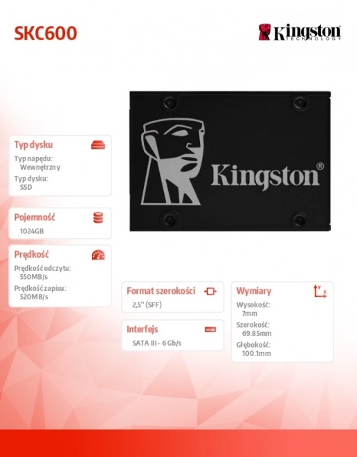 Kingston KC600 SSD meghajtó 1TB SATA3 2.5'