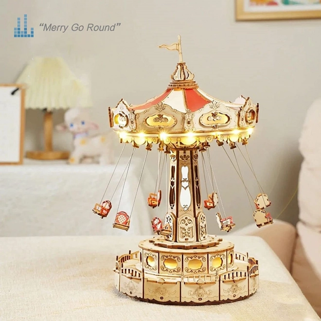 Rokr világító 3D fa puzzle zenélő doboz: Láncos körhinta