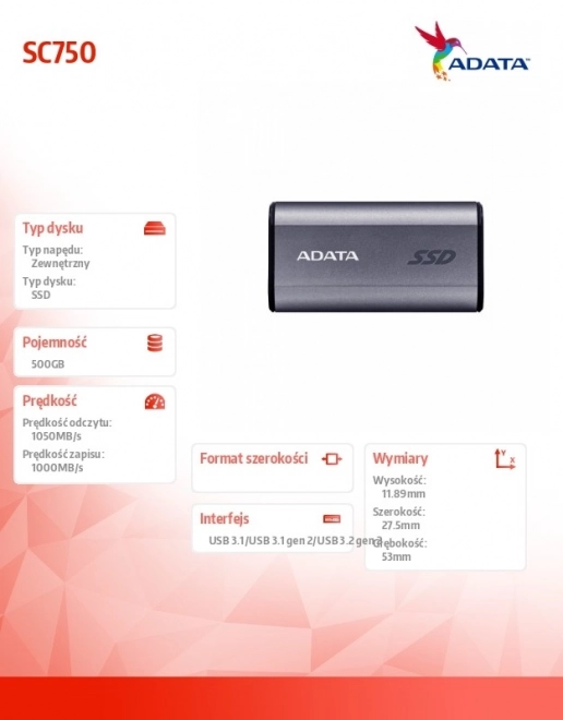 Külső SSD Meghajtó SC750 500GB USB3.2 C