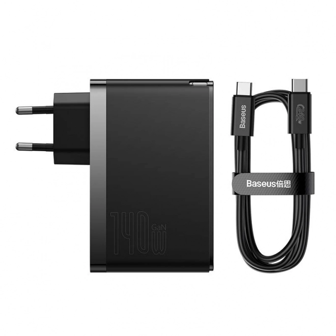 Baseus hálózati töltő két USB-C és USB csatlakozóval, 140W fekete