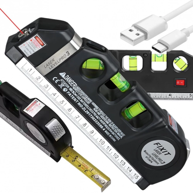 Lézeres vízmérték 2,5 m-es mérővel és USB töltéssel