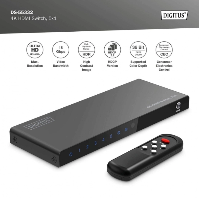 4K HDMI váltó 5x1, HDCP 2.3, távirányítóval, fekete