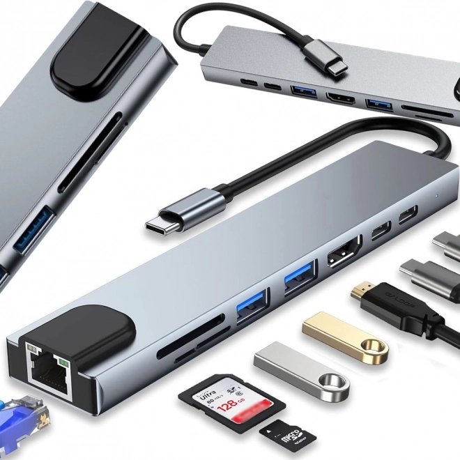 Multifunkcionális USB-C Hub Adapter 8 az 1-ben HDMI-vel és Ethernettel