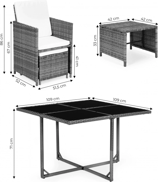 Kerti bútorkészlet rattan megjelenéssel – 4 fotel, 4 puff, MultiGarden asztal