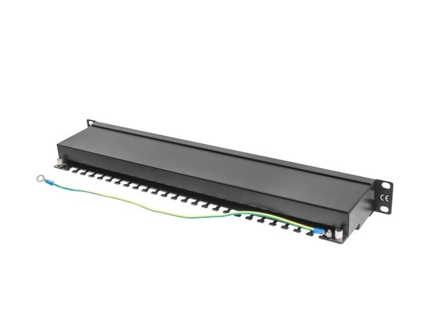 Patch panel 24 port RJ-45 fekete, árnyékolt, kategória 5e