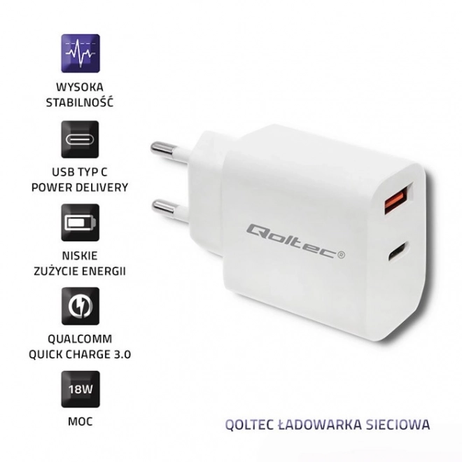 Hálózati töltő 18W USB-C PD, USB QC 3.0 fehér