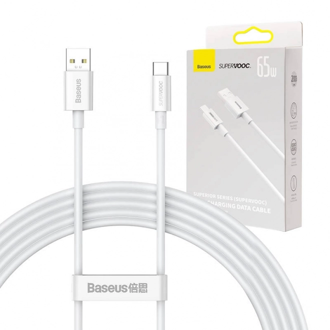 Baseus superior series gyors töltő és adatkábel, 65W, USB-C, 2m fehér