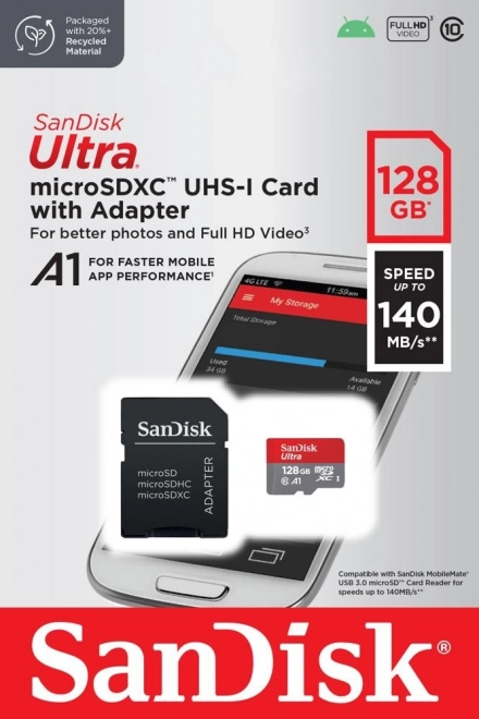 Sandisk Ultra 128GB microSDXC memória kártya A1 klasszissal és adapterrel