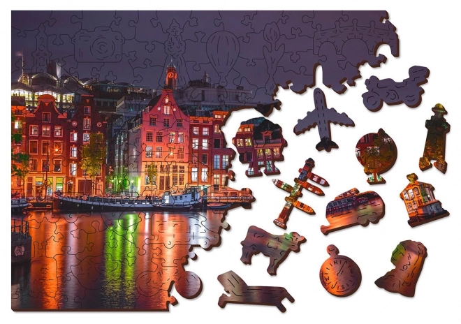 Fa puzzle Éjszakai Amszterdam egyedülálló darabokkal
