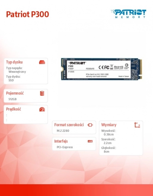 Patriot P300 SSD M.2 512GB PCIe Gen 3x4