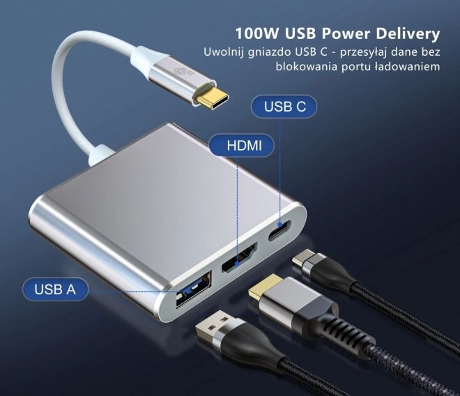 Usb C adapter 3 az 1-ben – HDMI, USB, PD ezüst