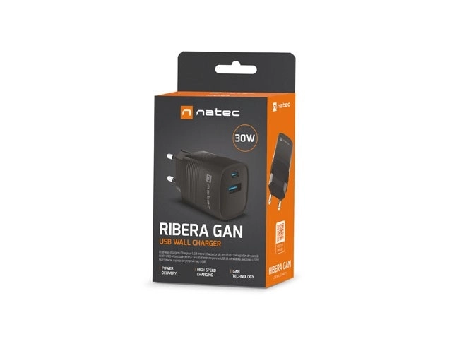 Hálózati töltő Natec Ribera GAN 2 porttal 30W Fekete