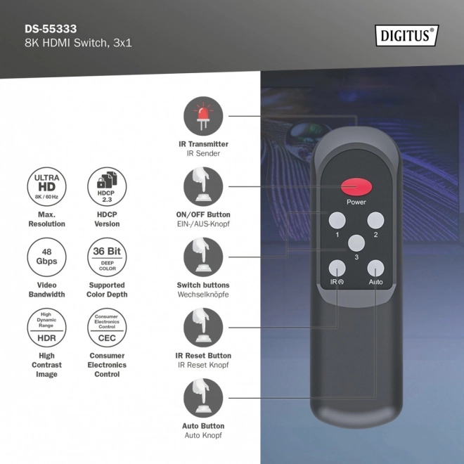 Hdmi kapcsoló 8K 3x1, távirányítóval, fekete