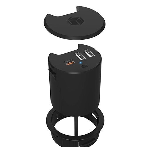 3 portos asztali töltő 2x USB-A-val és 1x USB-C-vel, 60 mm-es lyukhoz